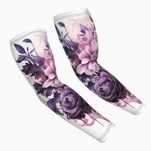 Pair of Purple Floral Peony Flowers Adult Size Compression Arm Sleeves